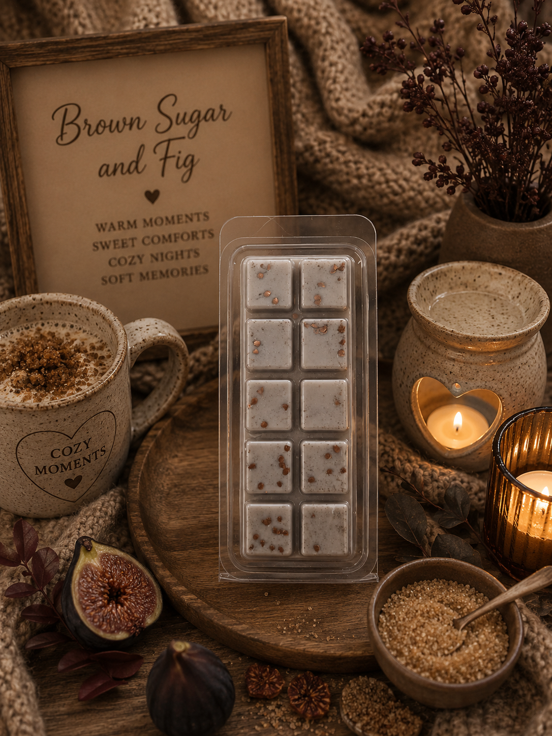 A packaged set of brown sugar and fig scented wax melt bar sits on a wooden board surrounded by cozy autumn props, including a mug with cocoa, a cut fig, spices, candles, and a sign reading 'Brown Sugar and Fig'.