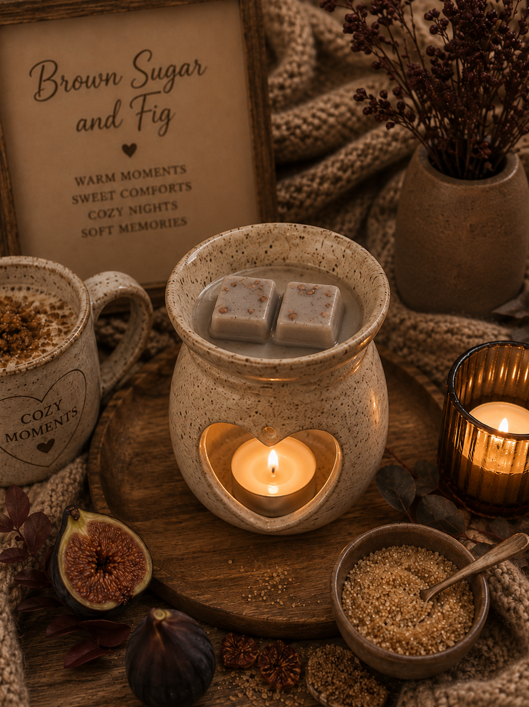 brown sugar and fig wax melts in burner surrounded by cosy autumn background theme.