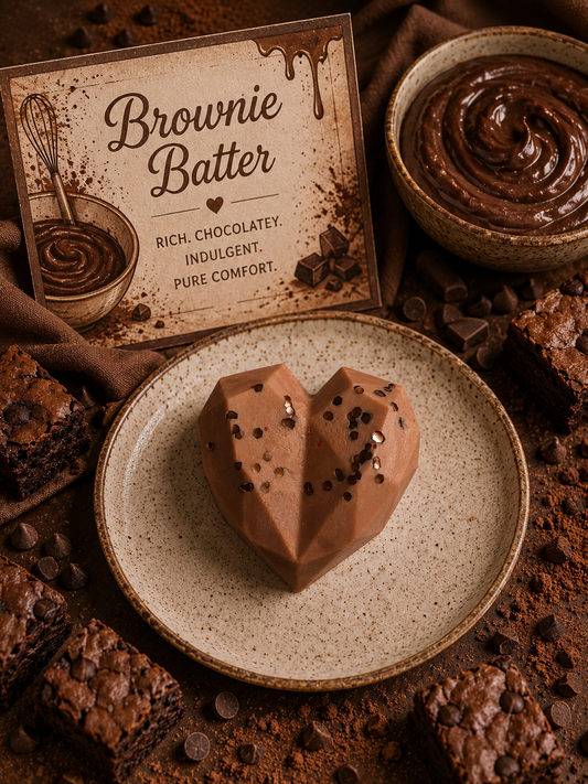 A heart-shaped wax melt on a speckled beige plate, surrounded by chocolate brownies, a bowl of chocolate frosting, and a decorative card labeled 'Brownie Batter'.