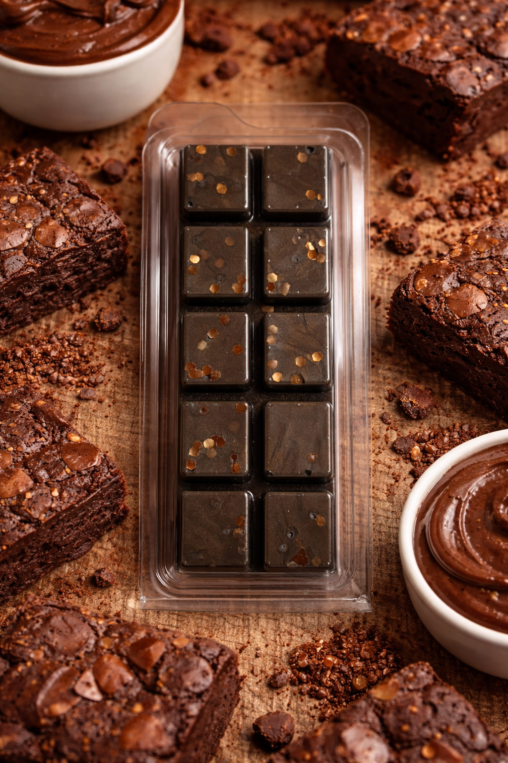 brownie batter wax melts on a wooden surface with brownies and chocolate spread.
