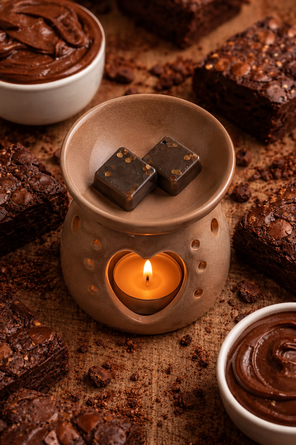 brownie batter wax melts in burner with brownie background theme.