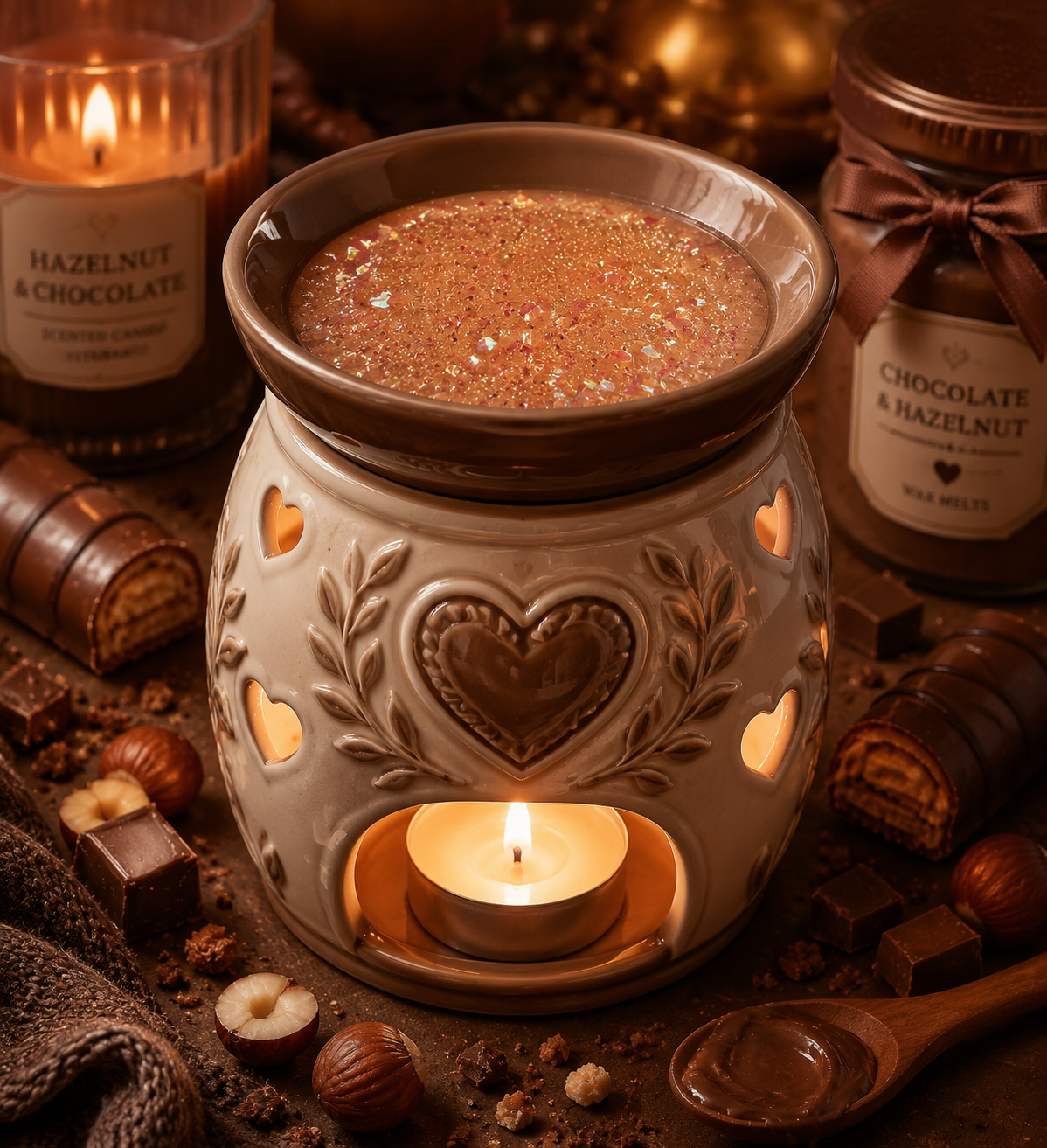 Bueno bliss gel wax melt in burner surrounded by candles ans chocolate.