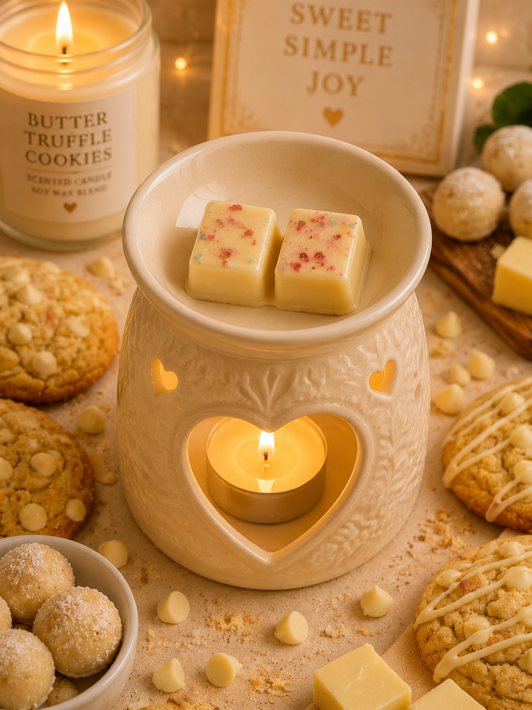 Butter truffle cookies wax melt in burner with cookie background theme 