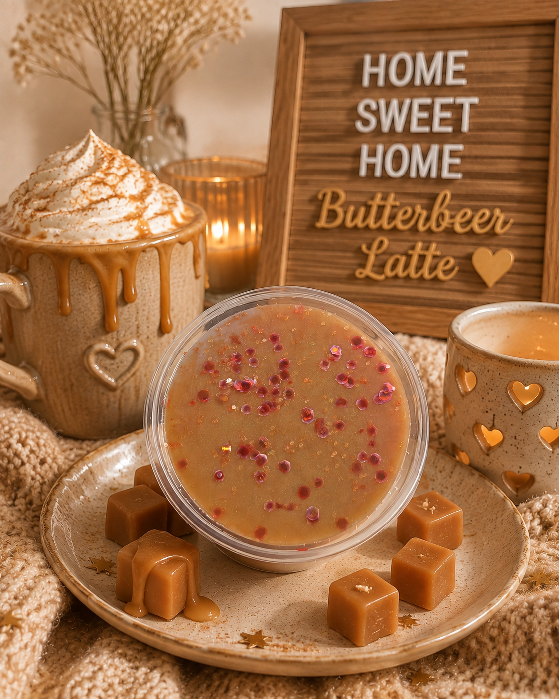 A styled tabletop scene with a small clear wax melt pot of butterbeer latte topped with whipped cream and caramel drizzle, surrounded by caramel cubes on a plate. A ceramic mug with whipped cream and caramel drips stands on the left, a lit candle glows in the background, and a wooden sign reads 'HOME SWEET HOME Butterbeer Latte'.