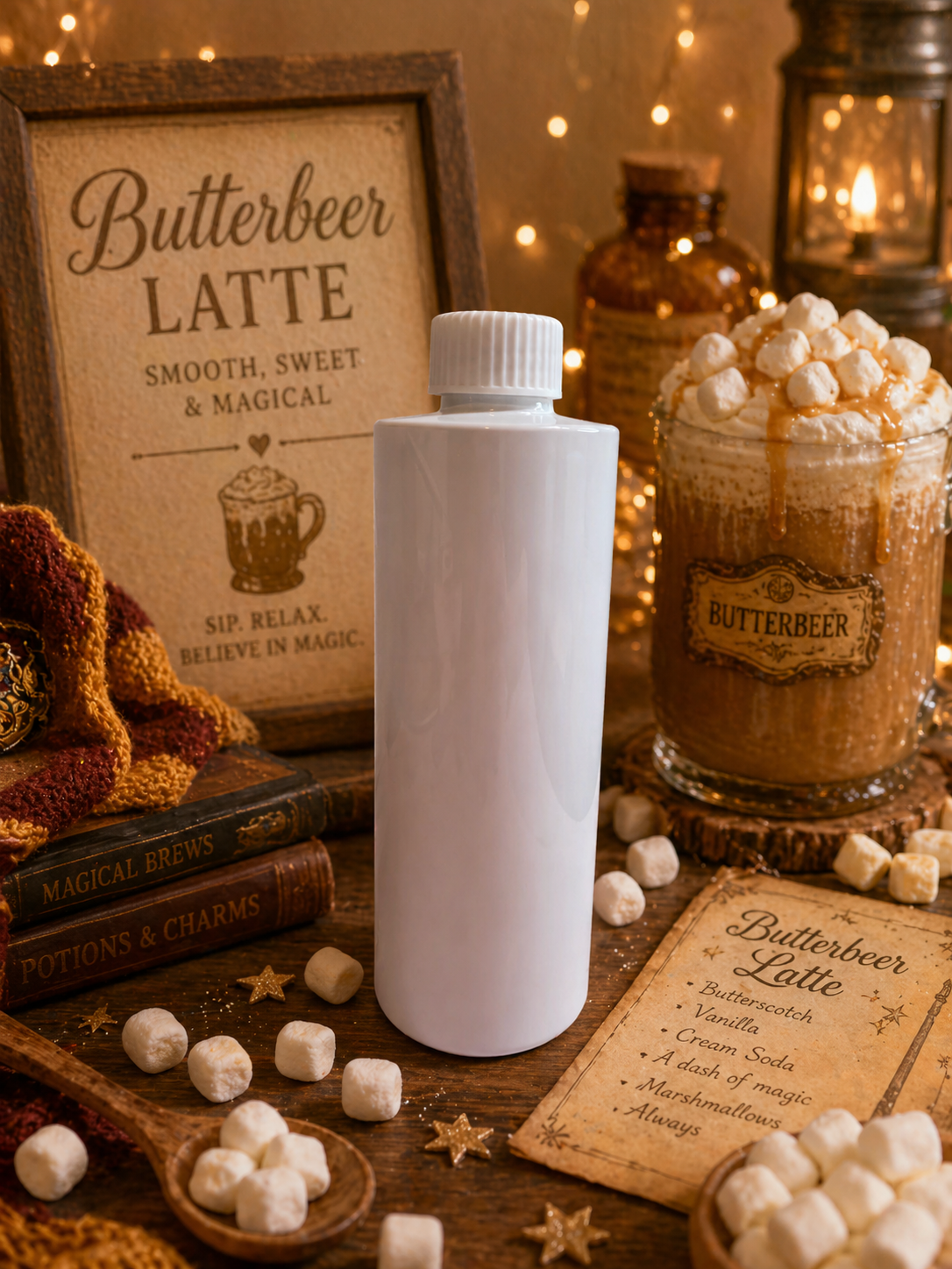 Reed diffuser refill White bottle on a wooden surface with 'Butterbeer Latte' theme, including a glass of 'Butterbeer Latte' and marshmallows.