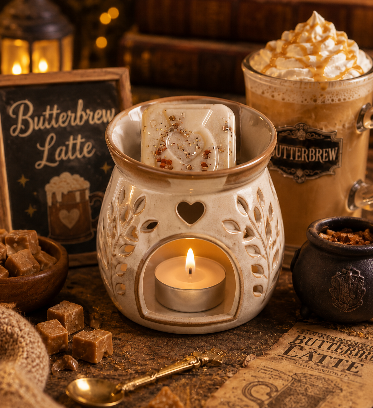 A ceramic wax warmer candle holder with a lit tealight and a decorative wax melt sits on a rustic table, styled with a cup of whipped coffee drink labeled Butterbrow, brown sugar cubes, and a sign reading Butterbrow Latte.