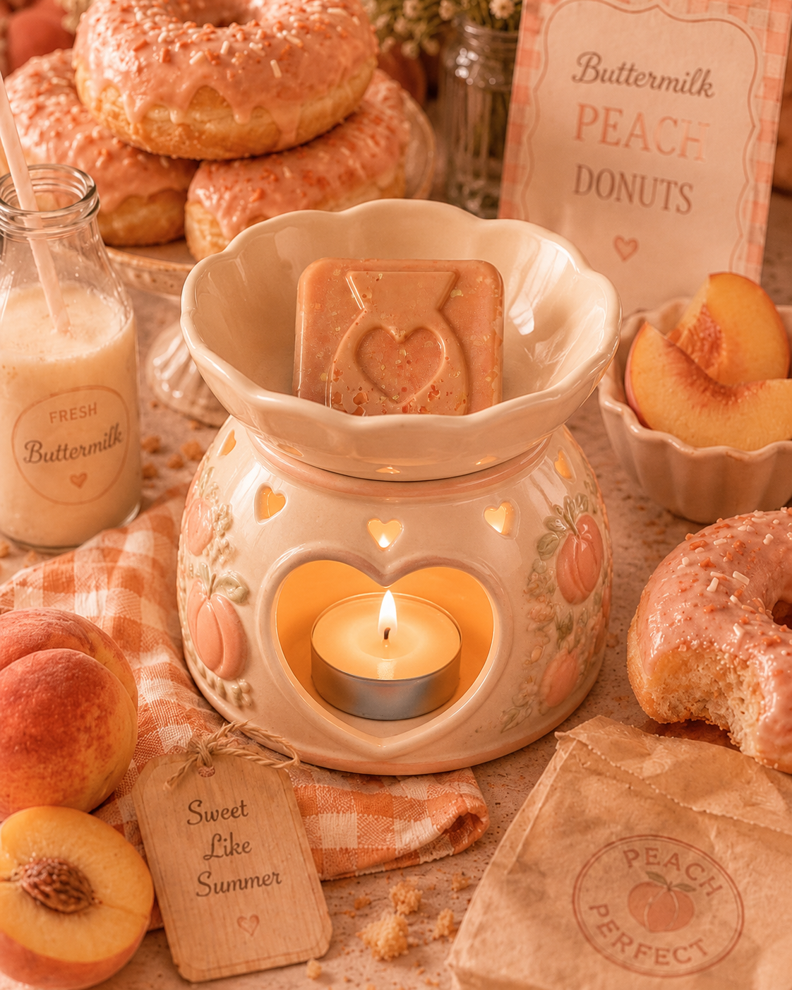 Buttermilk Peach Donut wax melt sample with burner and donut peach background.
