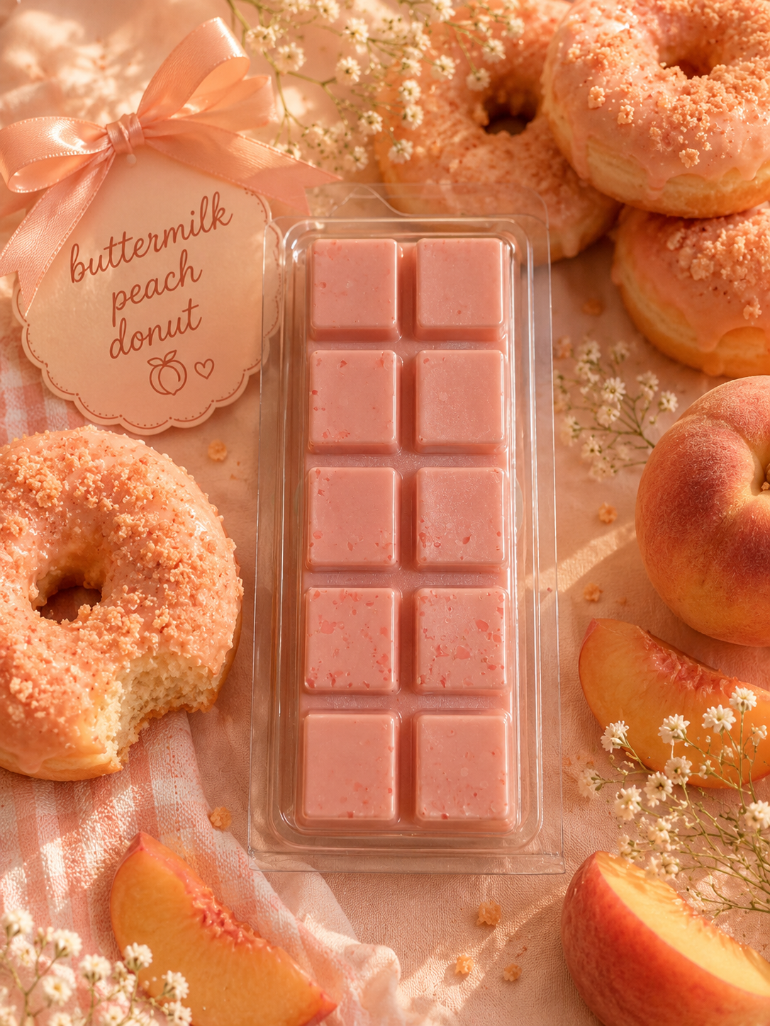 Pack of pink wax melts with a 'buttermilk peach donut' label, surrounded by donuts and peaches on a decorative surface.