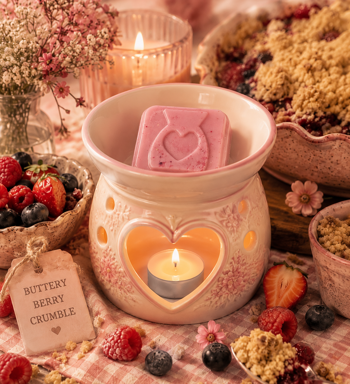 A pink heart-shaped wax melt sits in a ceramic heart-shaped wax warmer with a lit tealight and wax melt inside, styled on a checkered cloth with berries, crumbs, flowers, and candles.
