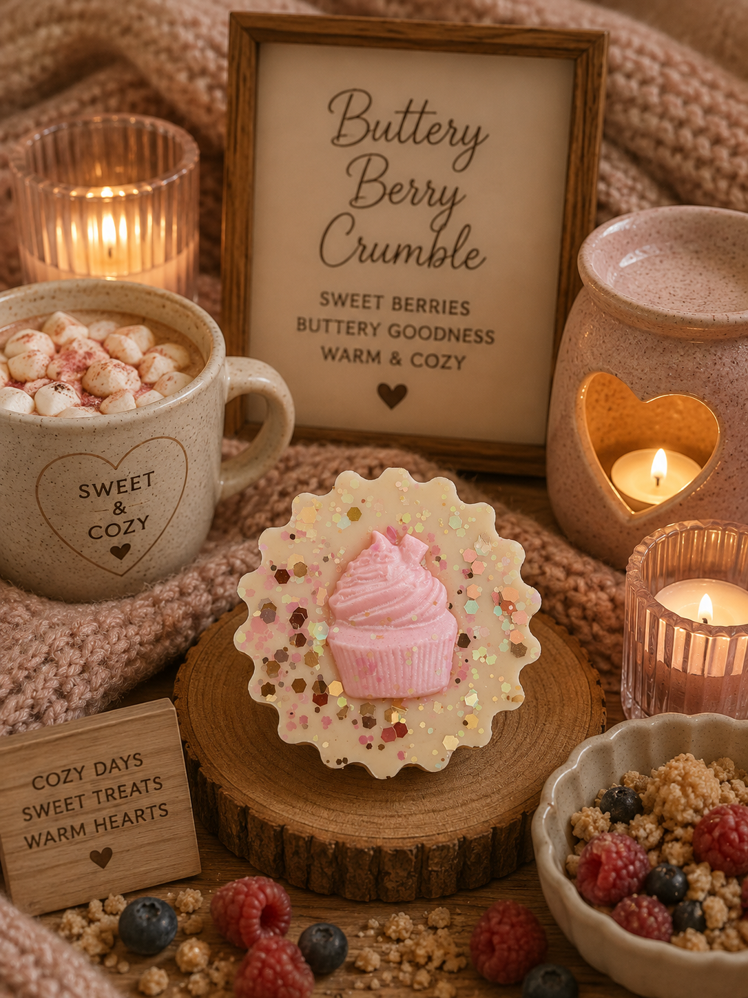 buttery berry crumble wax melt shape with cosy autumn background theme