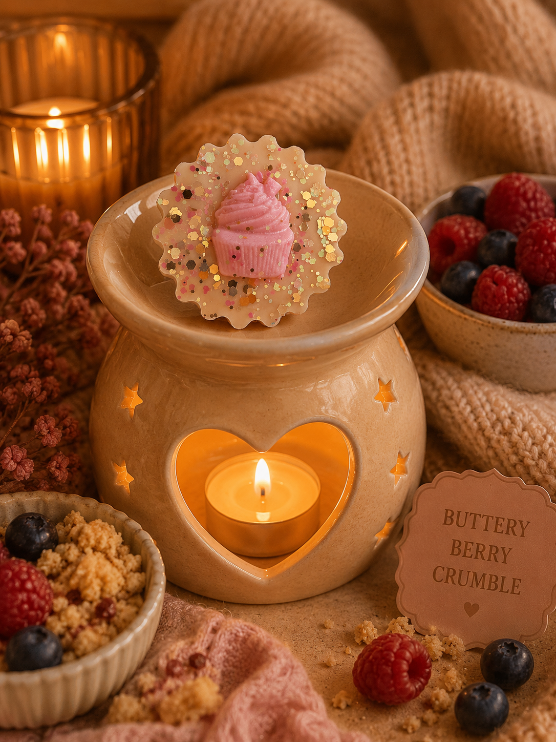 buttery berry crumble wax melt in burner surrounded by cosy sweet puddings.