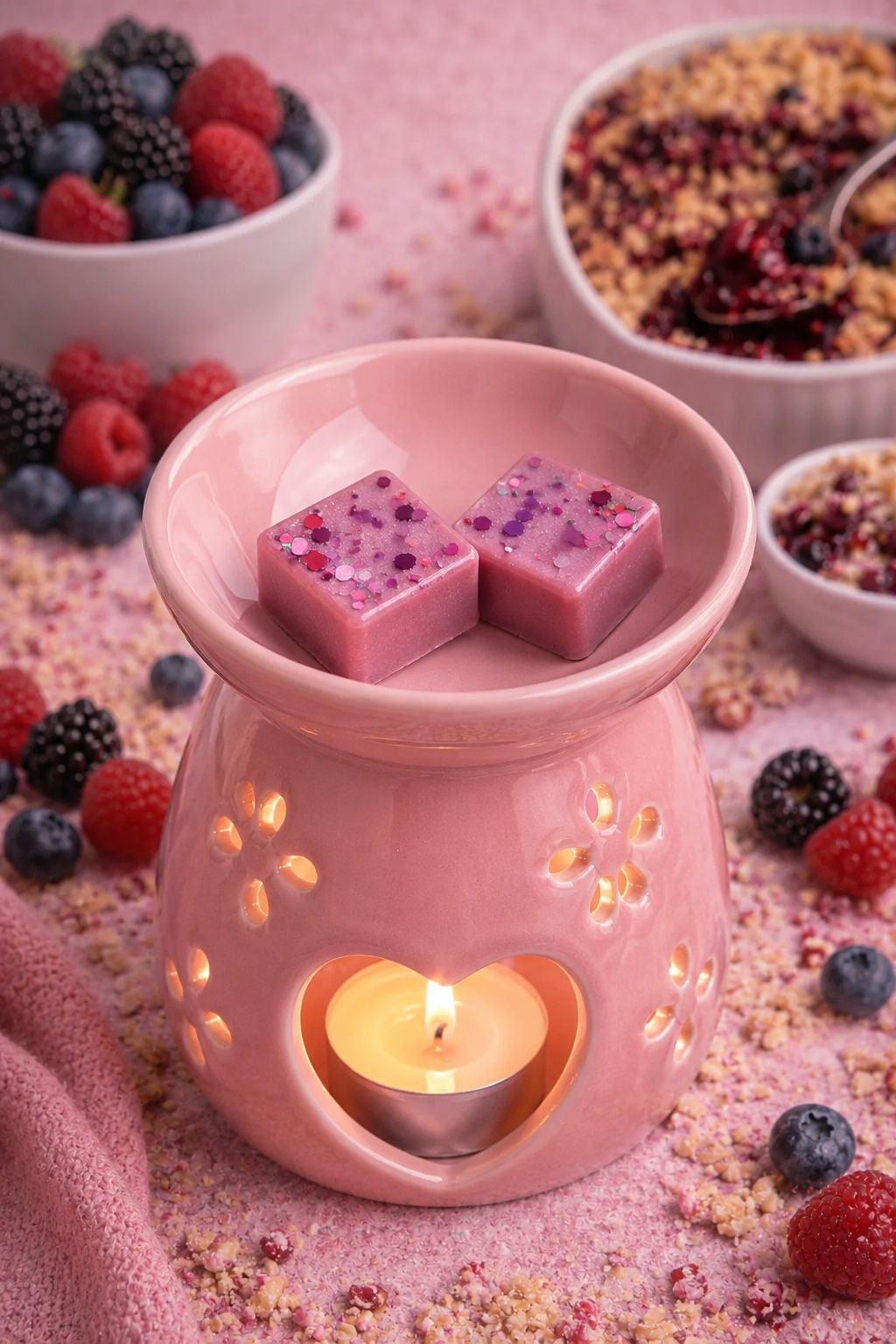 buttery berry crumble wax melts in pink burner surrounded by crumble and berries.