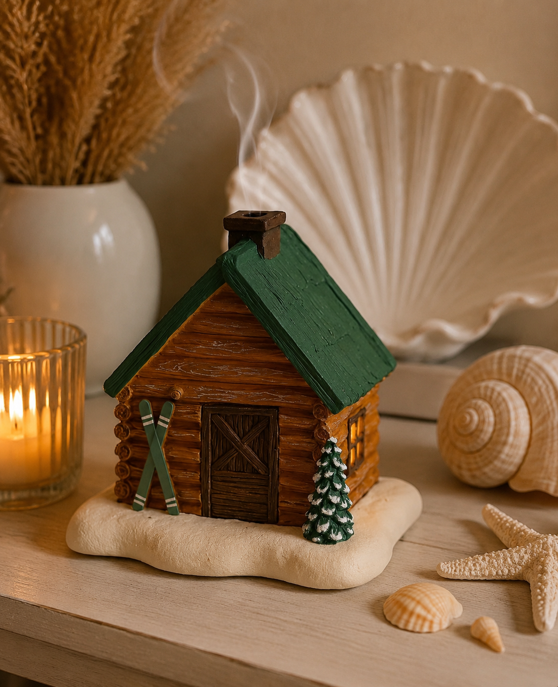 A small decorative cabin incense burner with a green roof and brown wooden-textured body, displayed on a tabletop with shells, a starfish, a candle, and dried grass in the background.