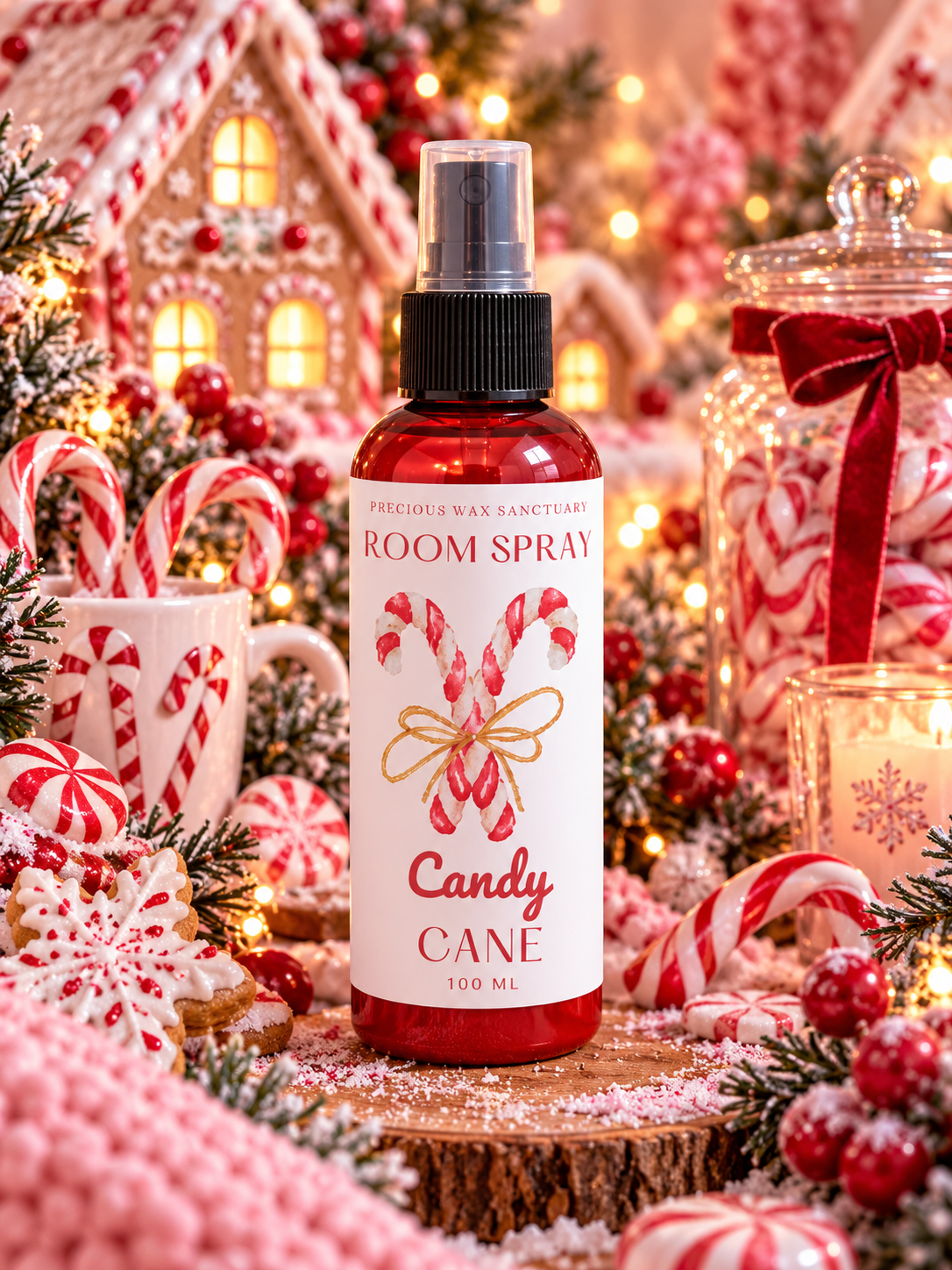 A 100 ml room spray bottle labeled 'Candy Cane' by Fragrance & Wax Sanctuary, styled in a festive Christmas setting with candy canes, gingerbread houses, and warm holiday lights.
