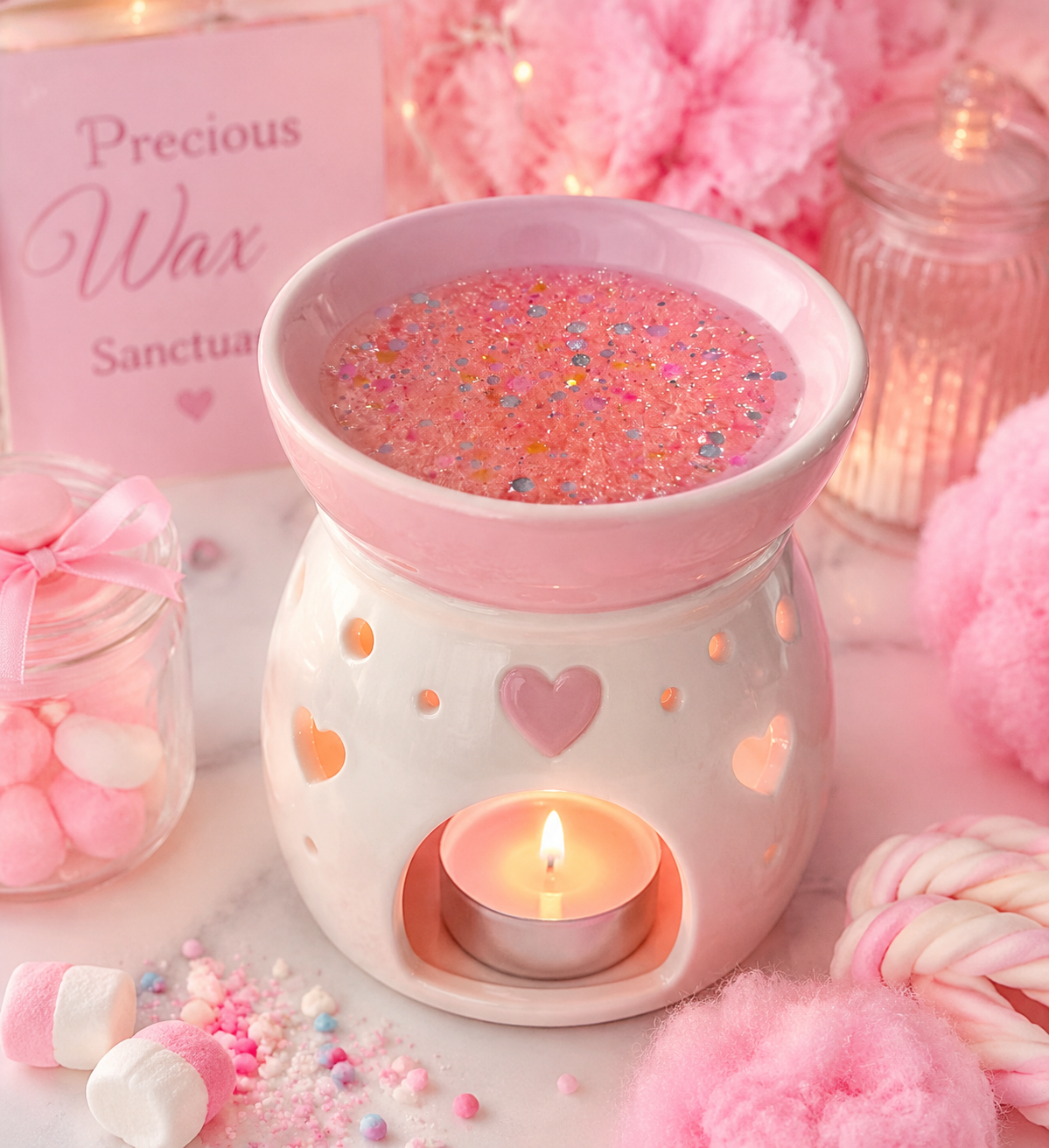 A pink and white ceramic wax warmer with a lit tealight candle inside, filled with glittery pink gel wax. The scene is decorated with pink pom-poms, marshmallows, and a pink sign reading 'Precious Wax Sanctuary'.