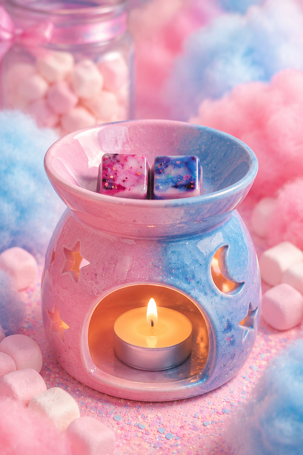 Candy floss and marshmallow wax melt in pretty burner with candy floss and marshmallow background theme.