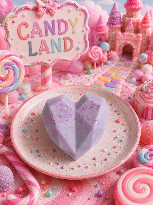 Candy land heart wax melt surrounded by candy decor.