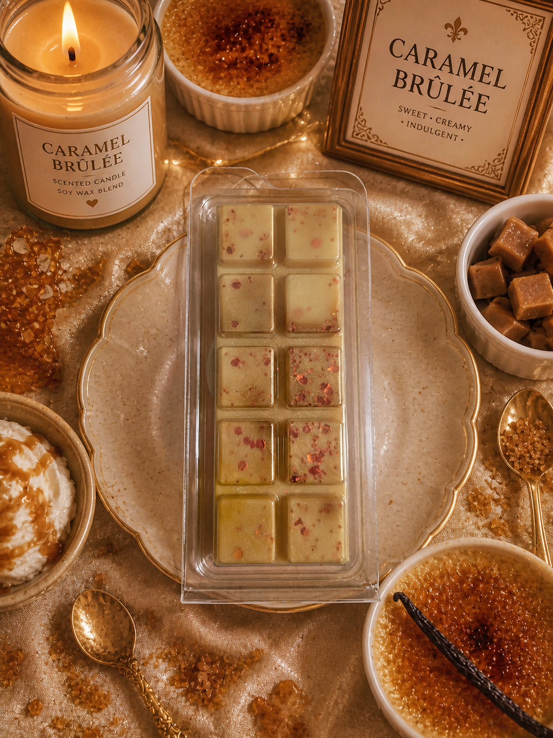 Caramel Brulee Wax Melt with bakery background and candle.
