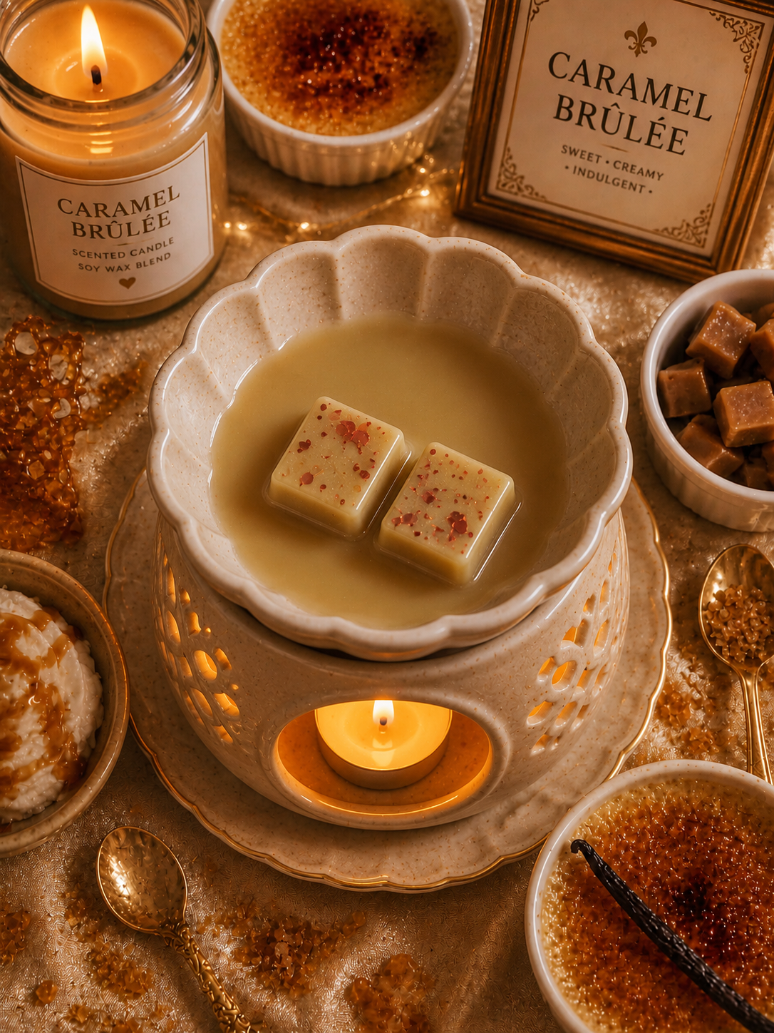 Caramel Brulee Wax Melt in wax warmer surrounded by candles and bakery theme items.