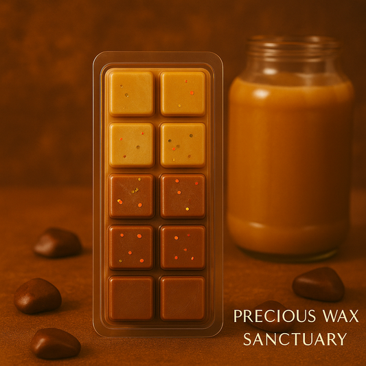 Caramel Chocolate Swirl wax melts featuring a decadent blend of rich, creamy caramel and smooth chocolate, creating a warm and indulgent aroma perfect for satisfying sweet cravings.