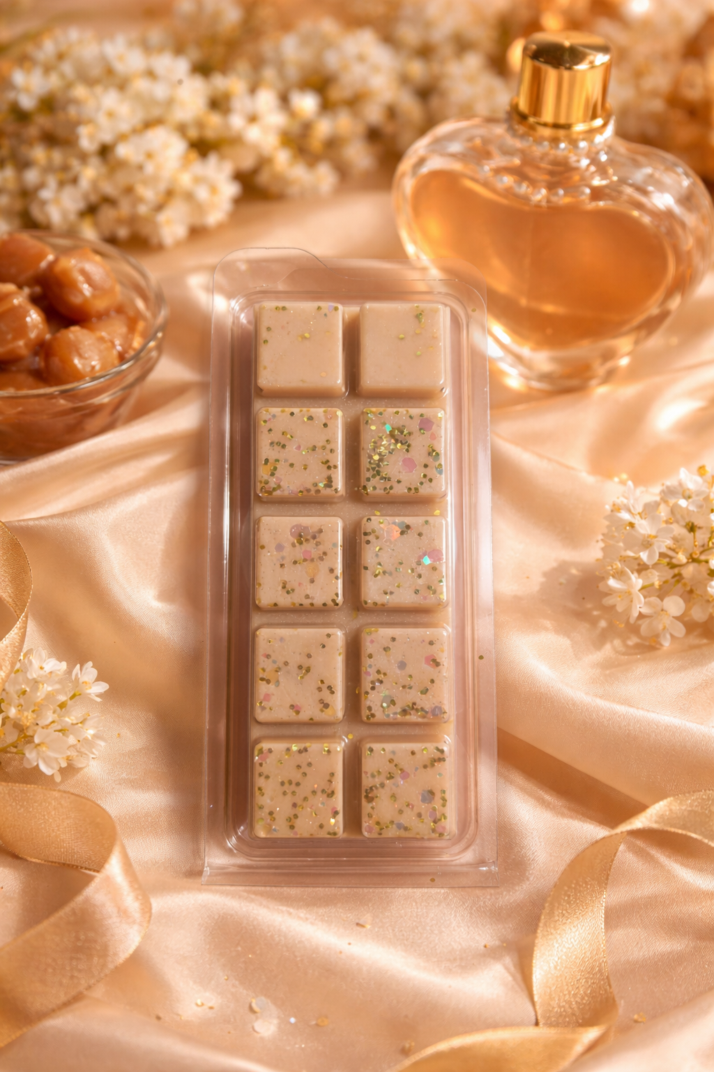 wax melts with a bottle of perfume on a satin surface with flowers.