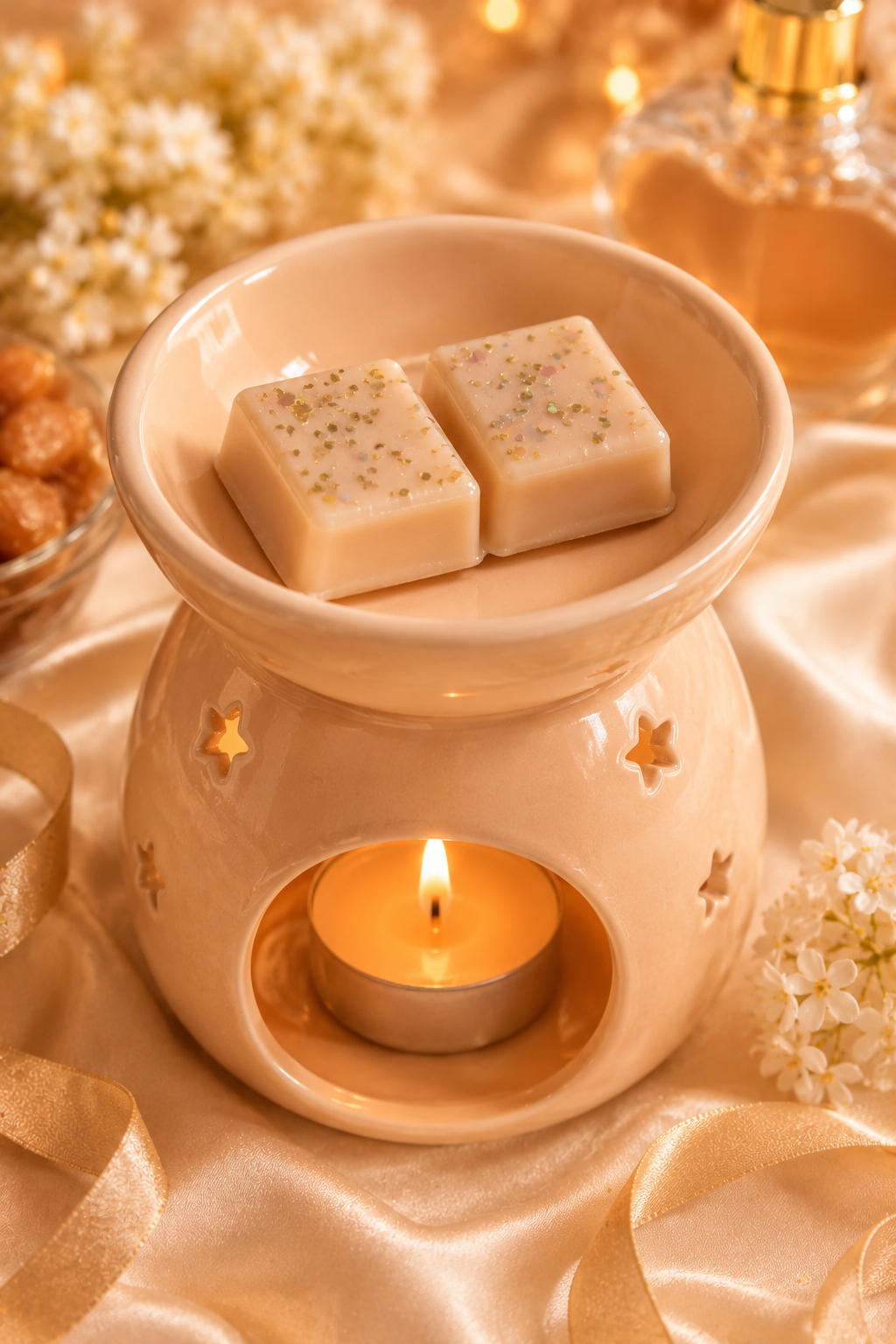 caramel dream wax melts in burner with perfume, caramel decor in background.