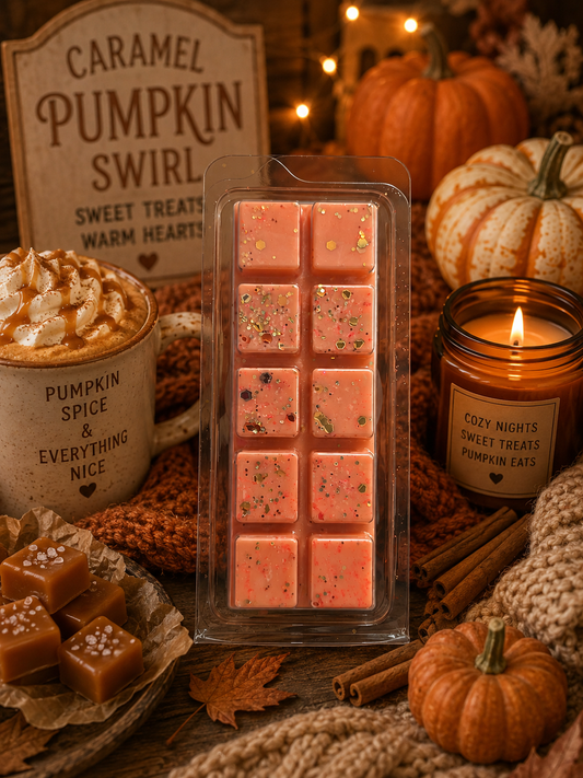 A wax melt bar set in a clear plastic clamshell package, labeled 'Pumpkin Swirl' with pinkish-orange wax cubes speckled with green herbs and gold flakes. The product is styled in a cozy autumn setting with a 'Caramel Pumpkin Swirl' sign, a pumpkin spice latte, caramel fudge pieces, a lit candle, and pumpkins on a rustic wooden table.