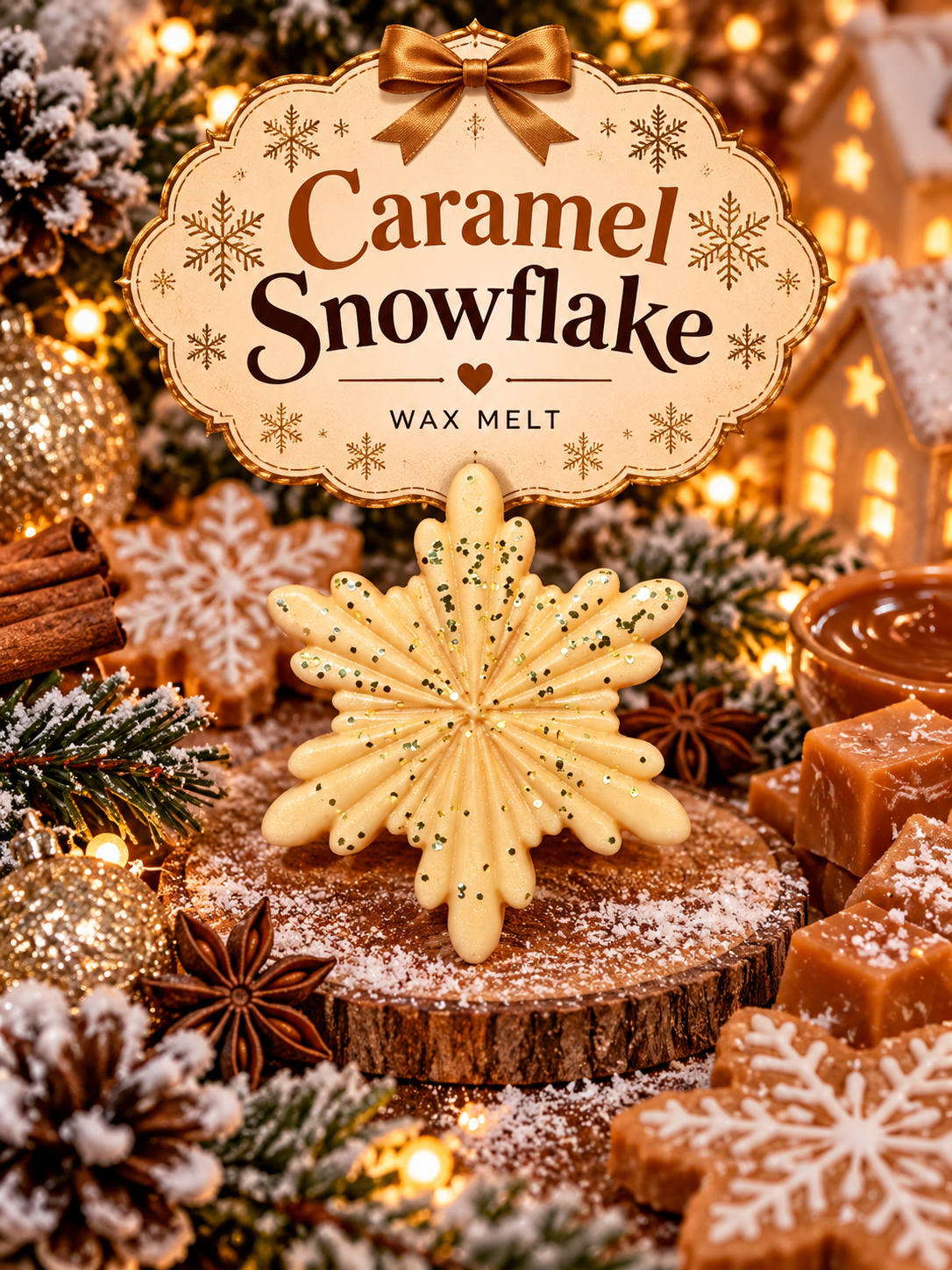 A decorative wax melt 'Caramel Snowflake Wax Melt' above a sculpted pale caramel snowflake ornament, styled on a wood slice with holiday decorations, candy canes, cinnamon sticks, and warm string lights.