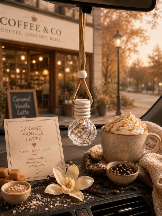 Caramel vanilla latte car diffuser with coffee beans and a sign in front of a coffee shop.