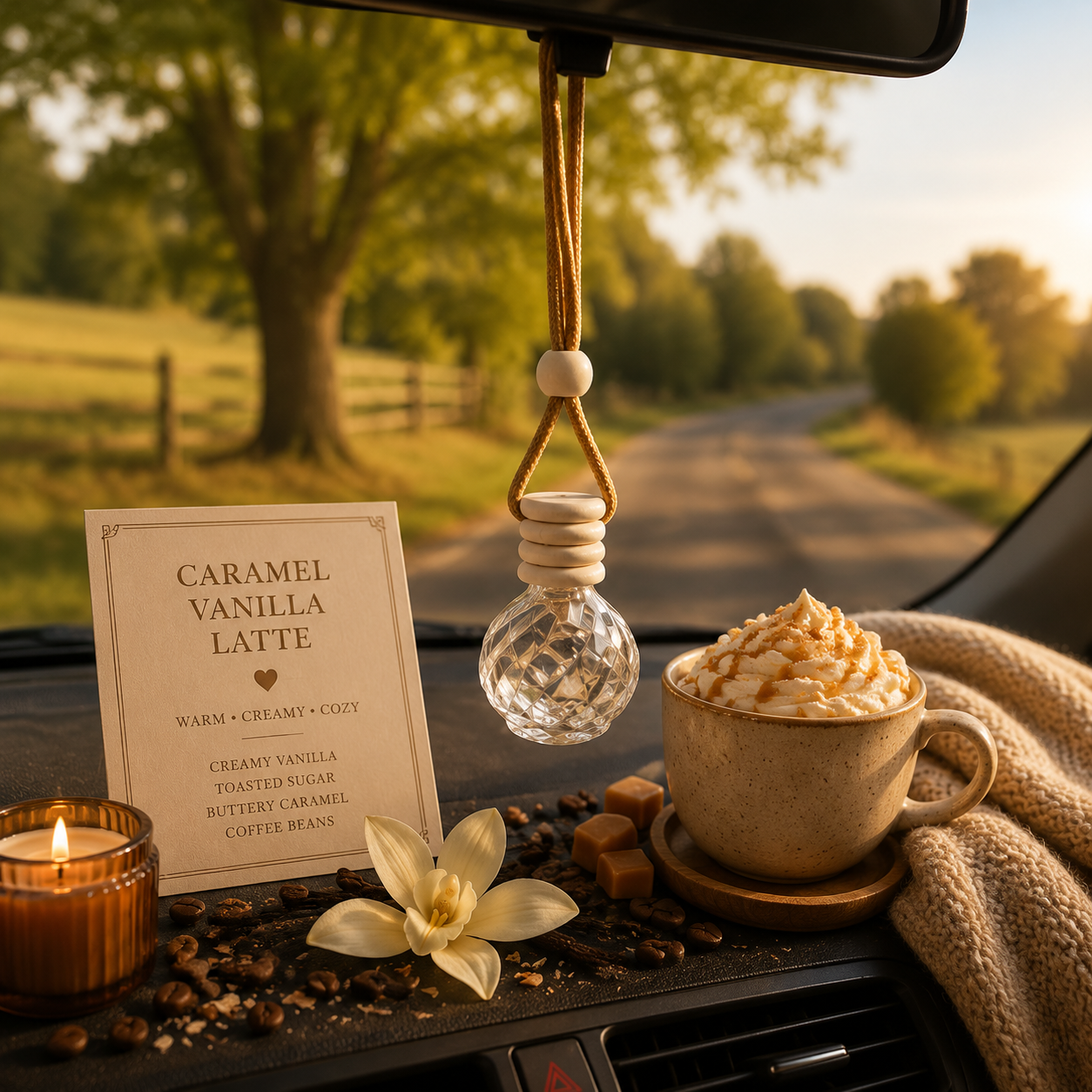 Caramel vanilla latte hanging car diffuser with cosy coffee autumn decor.