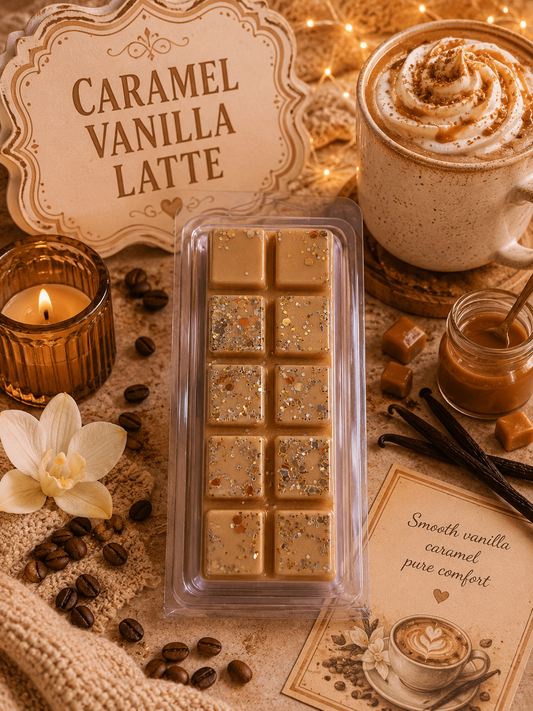 Caramel vanilla latte wax melts with a cup of latte, coffee beans, and a candle on a warm-toned background.