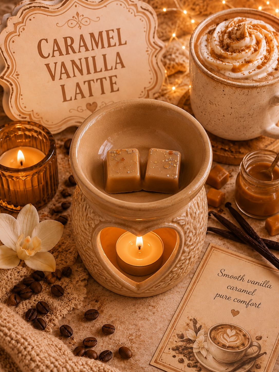 A warm cozy scene featuring a ceramic candle warmer with two caramel-colored wax cubes melting inside, surrounded by lit candles, coffee beans, a vanilla flower, and a sign reading 'Caramel Vanilla Latte'.