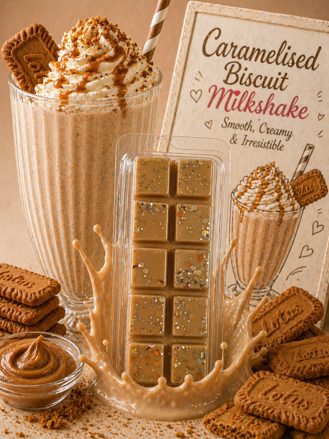Caramelised Biscuit Milkshake with wax melts and ingredients on a beige background