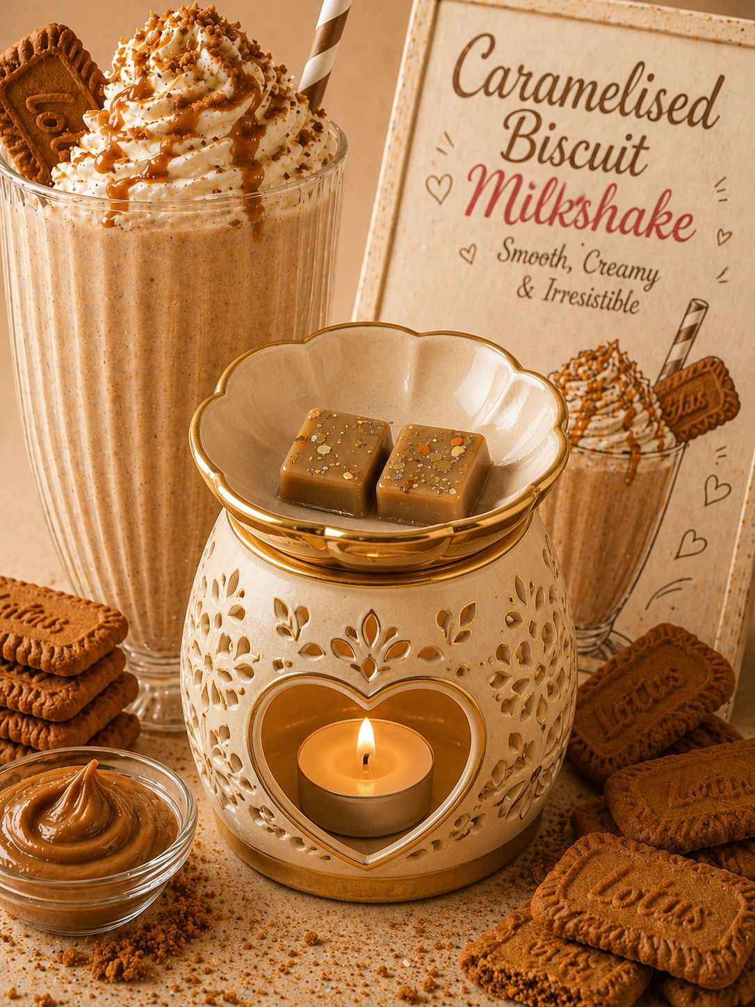 Caramelised biscuit milkshake wax melts in burner with milkshake biscuit background.