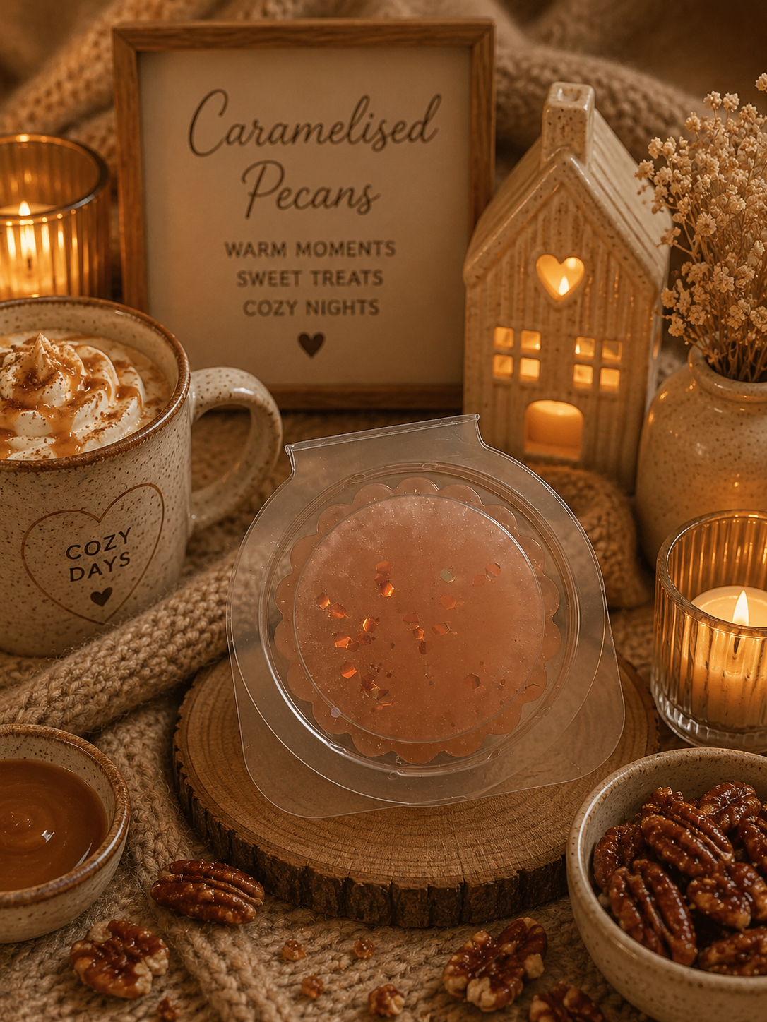 caramelised pecans gel wax melt pot with cosy autunm decor.