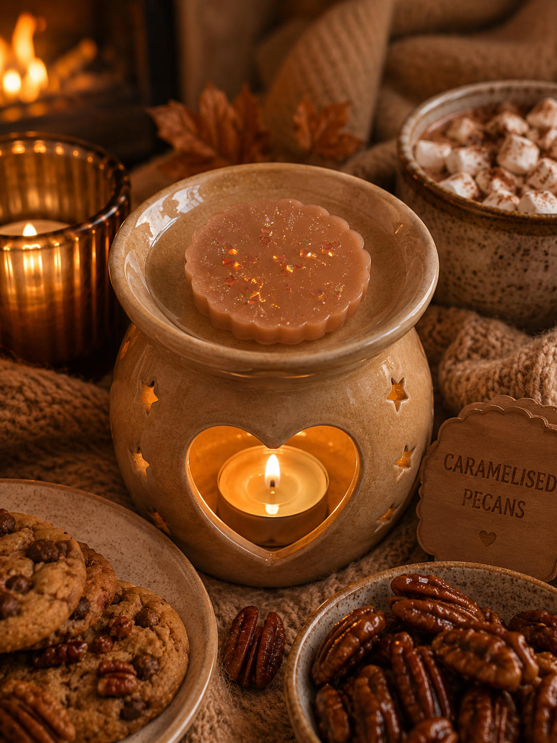 A warm ceramic wax warmer with a heart-shaped cutout and star-shaped side cutouts, holding a lit tealight candle and a gel wax melt. The warmer is styled on burlap with cozy props including cookies, pecans, a bowl of marshmallows with cocoa, and another candle holder, creating a cozy autumn atmosphere.