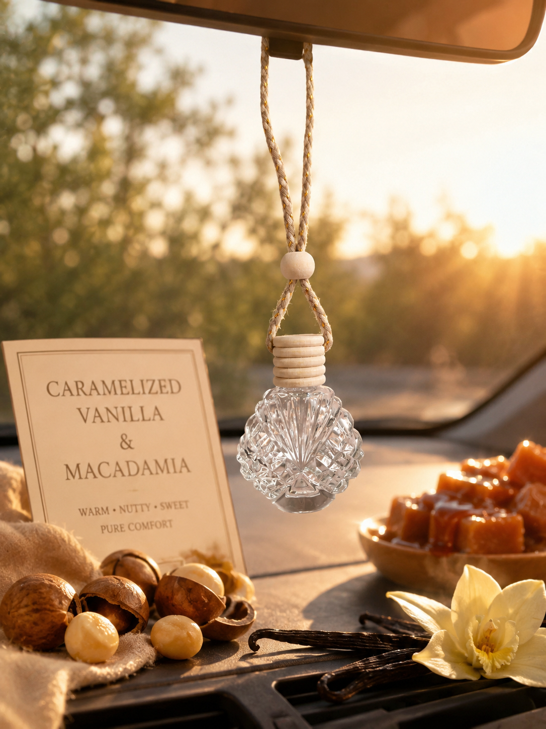 Car air freshener with 'Caramelized Vanilla & Macadamia' fragrance on a car dashboard.