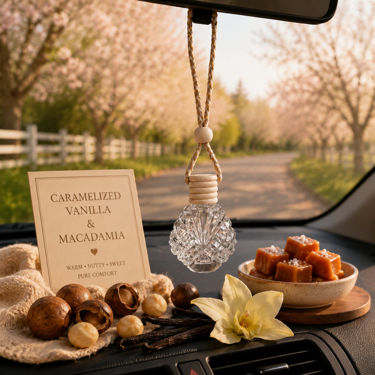 A car interior scene with a hanging glass car fragrance diffuser ornament suspended from a rearview mirror. On the dashboard are a small card reading 'Caramelized Vanilla & Macadamia,' hazelnuts, vanilla beans, a yellow flower, and a bowl of caramel pieces, with a blurred tree-lined road in the background.