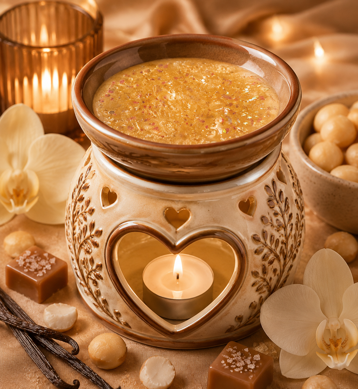 A ceramic heart-shaped candle warmer filled with a glowing tealight candle, topped with glittery gel wax. The scene is styled with lit candles, white orchids, vanilla beans, and small brown squares on a warm beige fabric background.