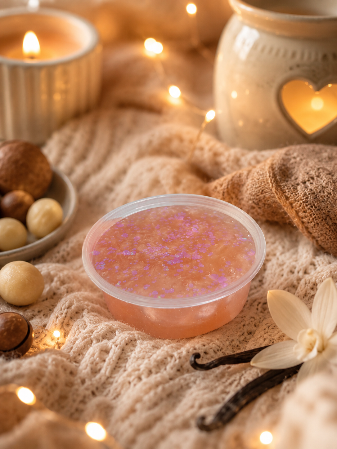 A clear plastic tub filled with a gel wax melt, placed on a beige knit blanket with warm fairy lights, candles, nuts, and vanilla beans around it.