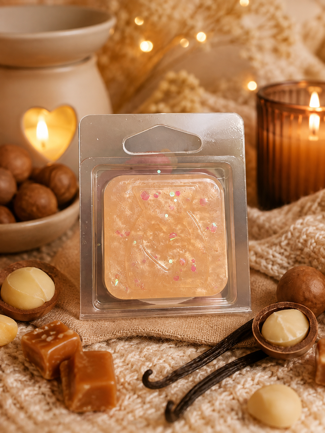 caramelized vanilla and macadamia gel wax sample with cosy background.