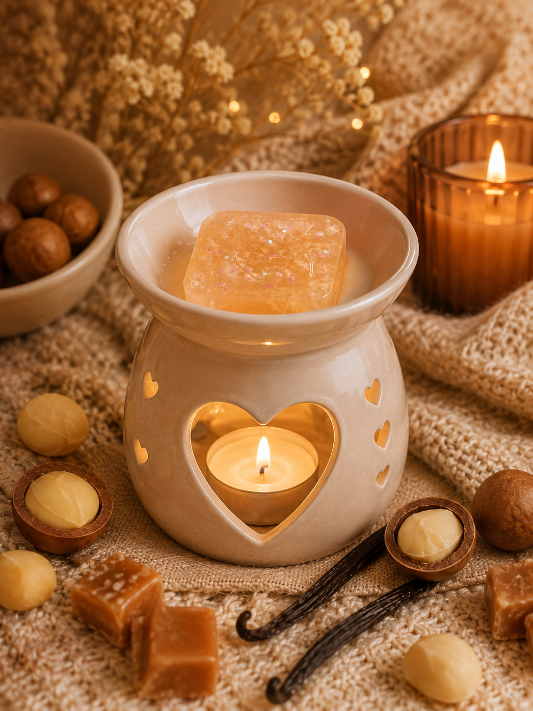A ceramic wax warmer with a heart-shaped cutout, lit with a small gel wax melt sample inside, holding a rectangular amber wax melt. The scene is styled with hazelnuts, vanilla beans, caramel pieces, dried flowers, and another lit candle on a textured beige fabric background.