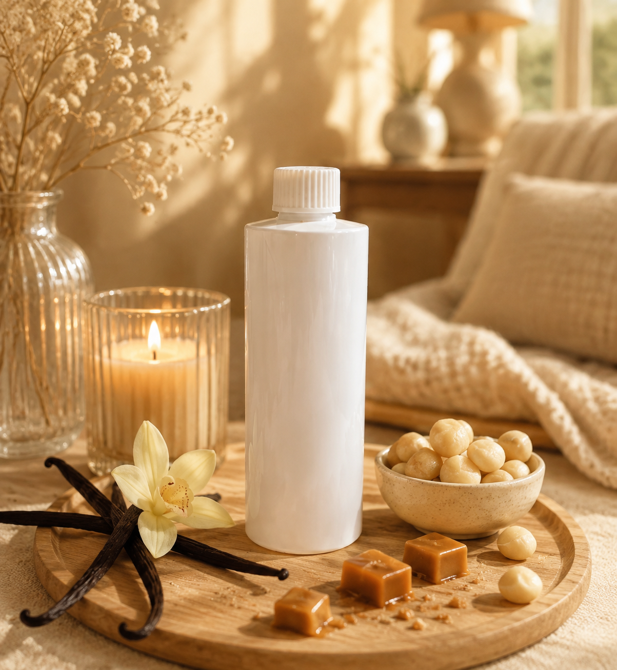 A reed diffuser refill blank white plastic bottle with a ribbed cap stands on a round wooden tray in a warm, styled interior scene. The setting includes a lit candle in a glass holder, vanilla beans, a white flower, caramel cubes, and a small bowl of beige nuts or seeds, with a soft-focus background showing a cozy room and window light.