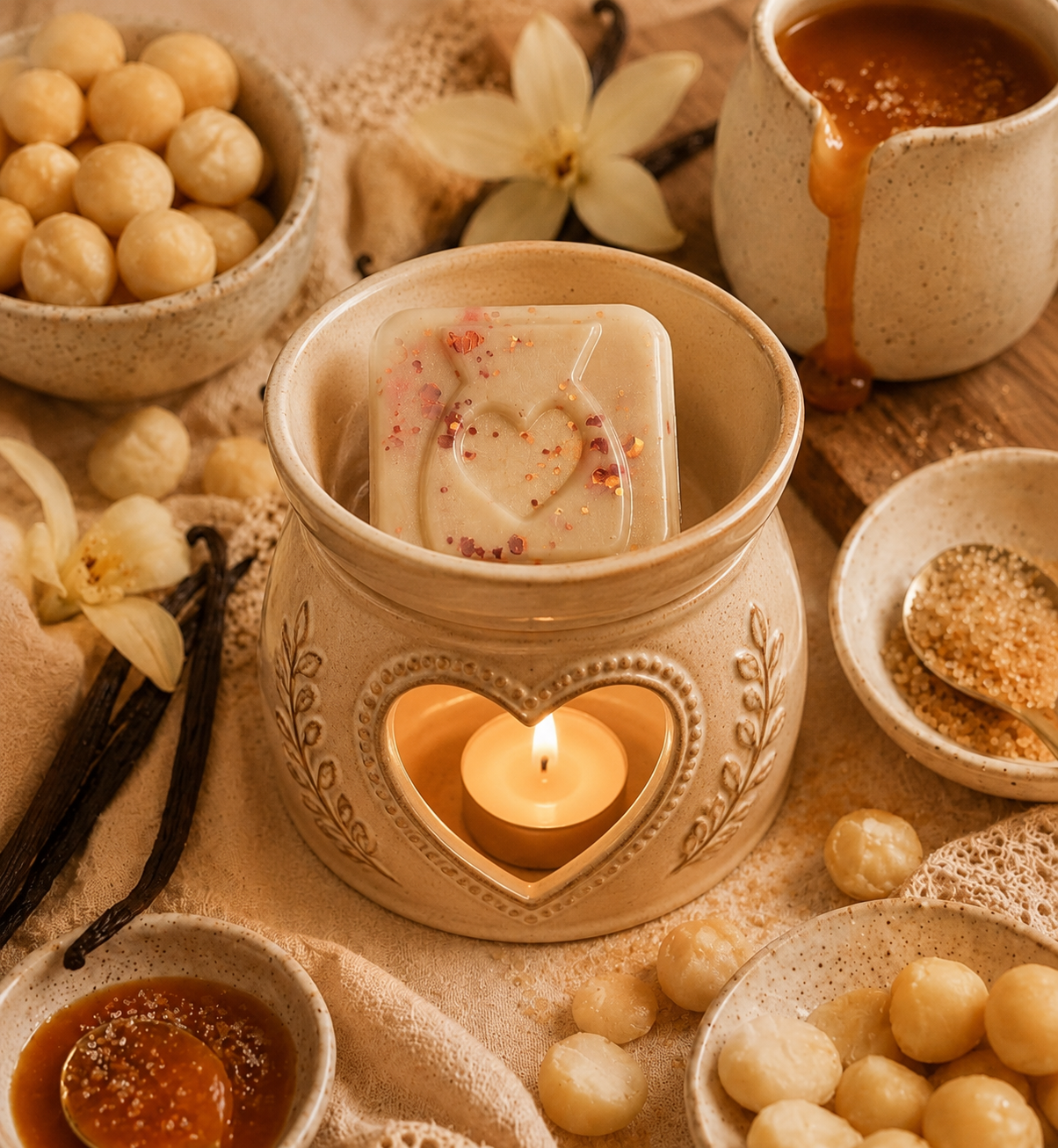 A ceramic heart-shaped wax warmer with a lit candle inside with wax melts, surrounded by macadamia nuts, vanilla beans, vanilla flowers, and small bowls of honey and spices on a textured fabric background.