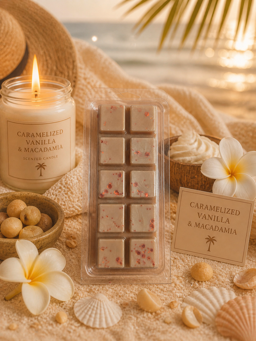 Caramelized Vanilla & Macadamia wax melts with a lit candle and beach-themed decor.