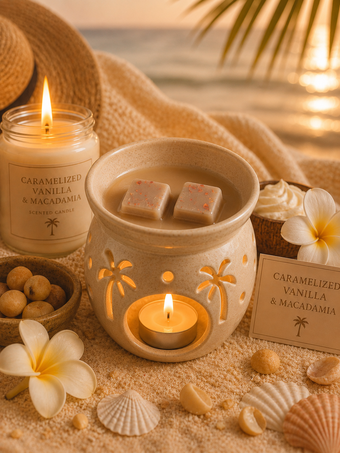 Caramelized Vanilla and Macadamia wax melt in burner with candle, shells, coconut and vanilla background theme.