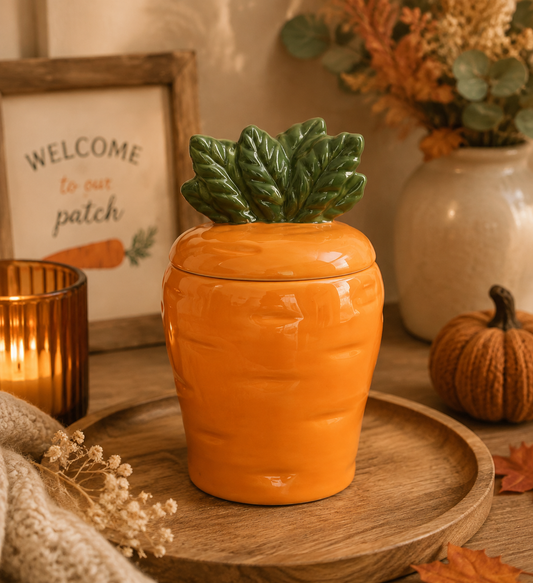 An orange carrot-shaped ceramic jar with a green leafy lid topper, displayed on a wooden tray in a cozy autumn-themed setting with a candle, sign, and small pumpkin.