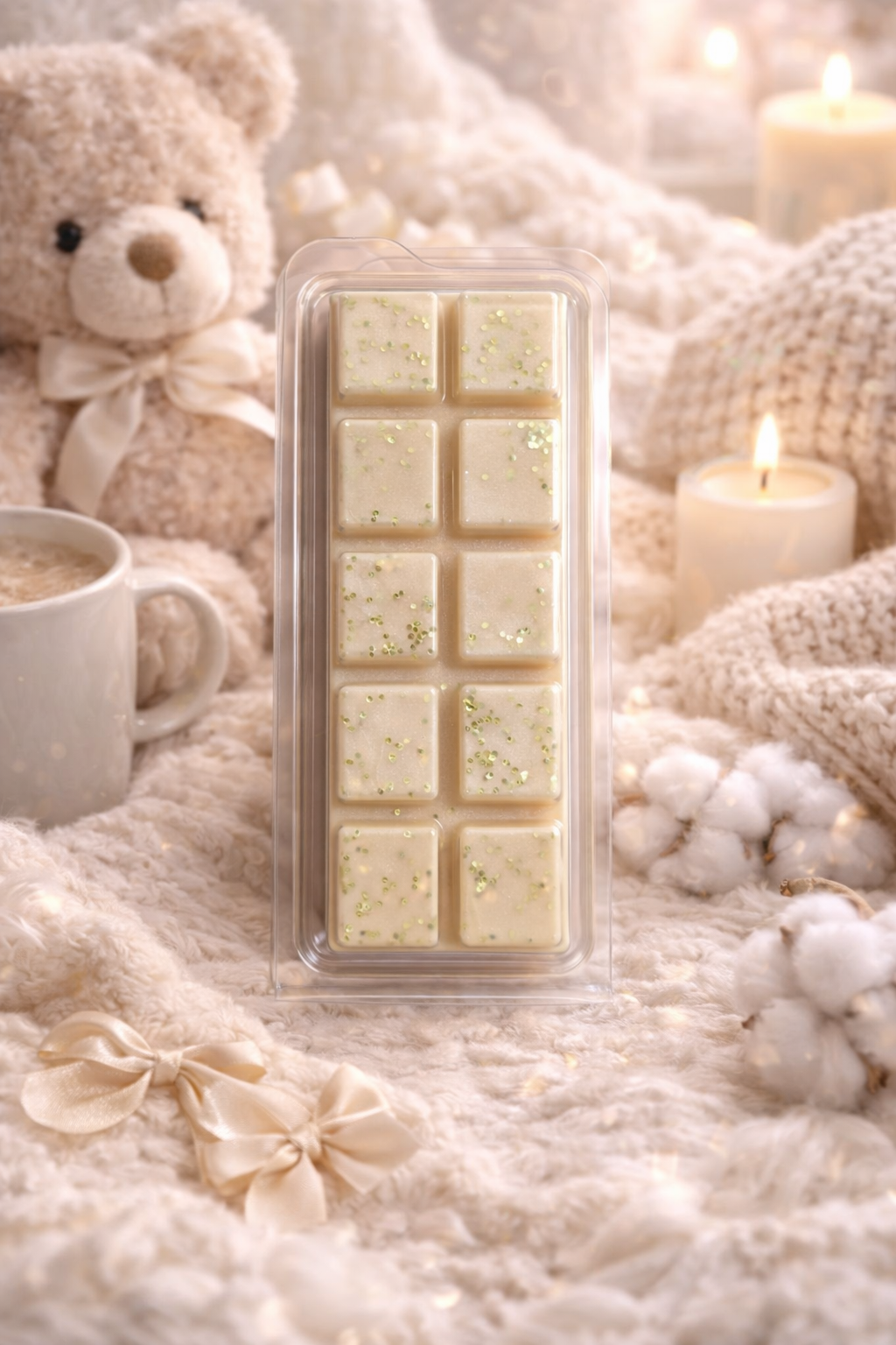Pack of wax melts in a clear container on a soft surface with a teddy bear and mug in the background.