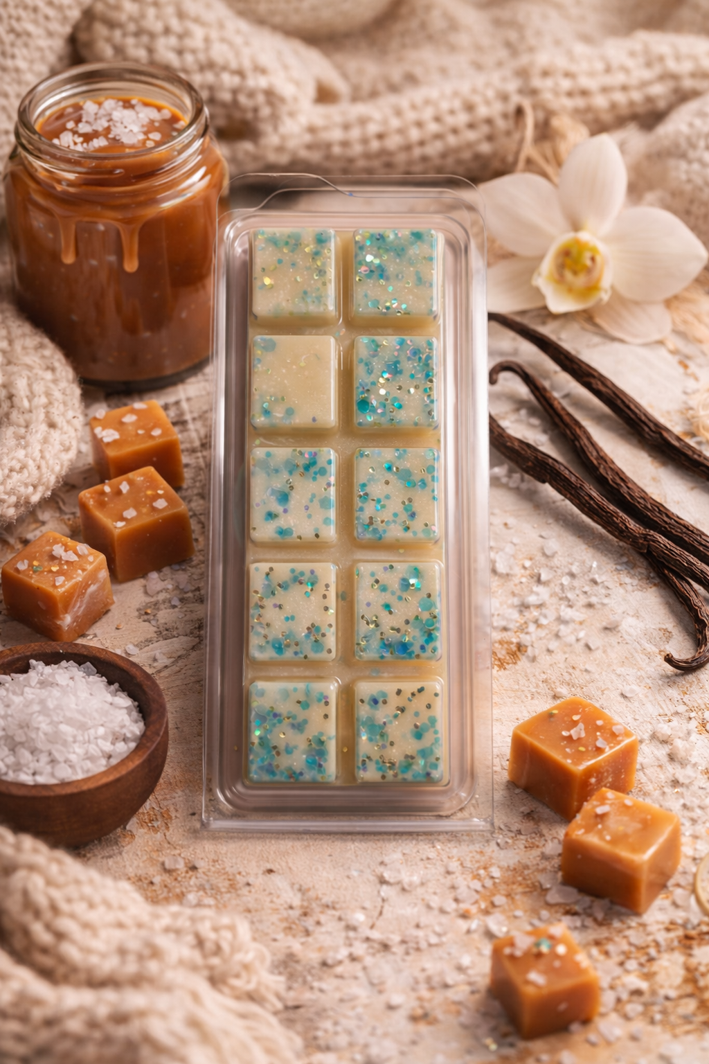 Rectangular mold with wax melts, caramel candies, vanilla beans, and a jar of caramel sauce on a textured surface.