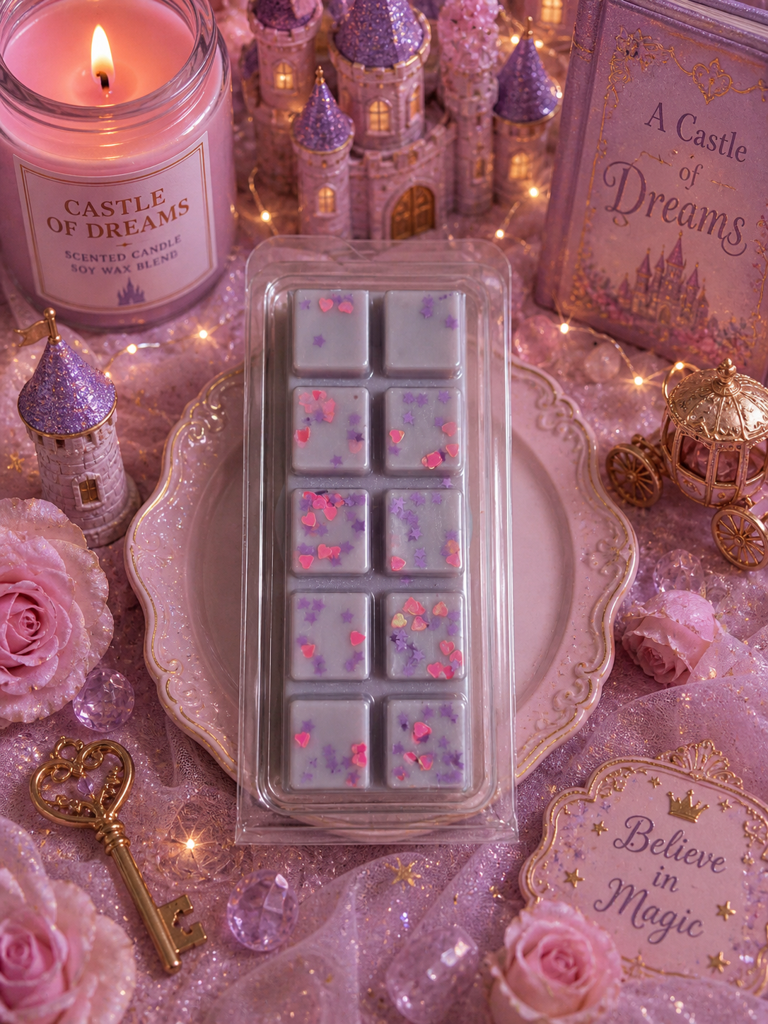 Wax melts in a clear packaging with a 'Castle of Dreams' candle and decorative castle in the background.